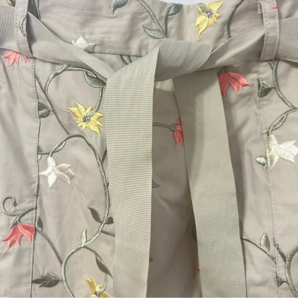 Orvis Tan Floral Embroidered A-Line  Cottagecore Grannycore Midi Skirt Cotton 14